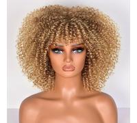 Lizzy 10 pollici Afro Ricci Parrucche per donne nere Afro Sintetico Parrucca Afro con Bangs Resistente al Calore Breve Kinky Ricci per Cosplay e Quotidiano (Ombre Blonde)