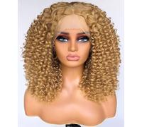 Lizzy 16 pollici Ricci parrucche frontali in pizzo per donne nere sintetiche corte parrucche frontali in pizzo ricci con capelli del bambino profondo Wave13x4 HD Glueless Ricci parrucche (biondo)