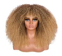 Lizzy, Parrucca afro riccia per donne di colore, 45,7 cm, parrucca riccia afro bomb, con frangia, in fibra sintetica, senza colla, capelli lunghi crespi e ricci, per feste quotidiane (biondo ombre)