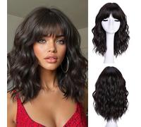 LIZZY parrucca corta ondulata con frangia da donna, parrucca ondulata bob per donne nere, 18 pollici, stile alla moda, fibra sintetica resistente al calore, per uso quotidiano e feste (cioccolato)