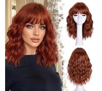 LIZZY parrucca corta ondulata con frangia da donna, parrucca ondulata bob per donne nere, 18 pollici, stile alla moda, fibra sintetica resistente al calore, per uso quotidiano e feste (zenzero)