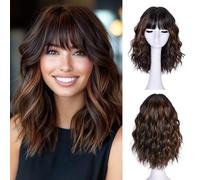 LIZZY parrucca corta ondulata con frangia da donna, parrucca ondulata bob per donne nere, 18 pollici, stile alla moda, fibra sintetica resistente al calore, per uso quotidiano e feste (evidenziando