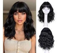 LIZZY parrucca corta ondulata con frangia da donna, parrucca ondulata bob per donne nere 18 pollici, stile alla moda, fibra sintetica resistente al calore, per uso quotidiano e feste (nero)