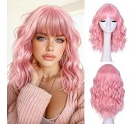 LIZZY parrucca corta ondulata con frangia da donna, parrucca ondulata bob per donne nere, stile alla moda, fibra sintetica resistente al calore, per uso quotidiano e feste (rosa)