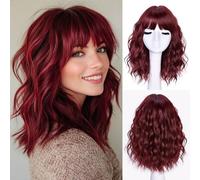 LIZZY parrucca corta ondulata con frangia da donna, parrucca ondulata bob per donne nere, stile alla moda, fibra sintetica resistente al calore, per uso quotidiano e feste (bordeaux)