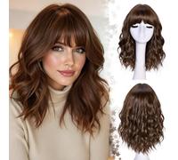 LIZZY parrucca corta ondulata con frangia da donna, parrucca ondulata bob per donne nere, stile alla moda, in fibra sintetica resistente al calore, per uso quotidiano e feste (marrone scuro)