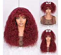 Lizzy, Parrucca da donna con frangia, capelli umani ricci naturali, densità 180%, capelli lunghi ricci crespi per uso quotidiano (bordeaux)
