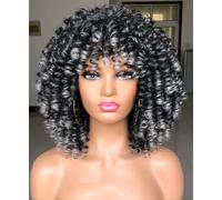 LIZZY Parrucche afro corte ricce con frangia per donne nere, capelli sintetici africani, senza colla, resistenti al calore, voluminose, ricci (Ombre Grigio)