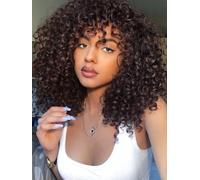 LIZZY Parrucche afro corte ricce con frangia per donne nere, capelli sintetici africani, senza colla, resistenti al calore, voluminose, ricci (marrone)