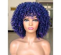 LIZZY Parrucche afro corte ricce con frangia per donne nere, capelli sintetici africani, senza colla, resistenti al calore, voluminose, ricci (blu)