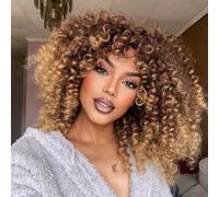 LIZZY Parrucche afro corte ricce con frangia per donne nere, capelli sintetici africani, senza colla, resistenti al calore, voluminose, ricci (biondo ombra)