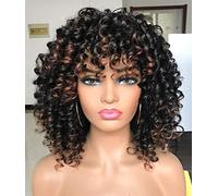 LIZZY Parrucche corte afro ricce con frangia per donne nere, capelli sintetici africani, senza colla, resistenti al calore, voluminose, ricci (marrone Ombre)