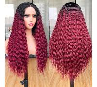 Lizzy - Parrucche ricce con pizzo frontale, per donne nere, parrucca afro riccia crespa, pre-pizzicata, con capelli lunghi, ricci, sintetica, senza colla, con pizzo frontale, 66 cm (rosso ombre)