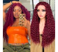 Lizzy - Parrucche ricce con pizzo frontale, per donne nere, parrucca afro riccia crespa, pre-pizzicata, con capelli lunghi, ricci, sintetica, senza colla, parrucca frontale in pizzo, 66 cm (rosso)