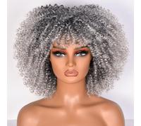 Lizzy Parrucche ricci afro da 10 pollici per donne nere parrucca afro sintetica con Bangs resistente al calore breve Kinky parrucche ricci per cosplay e tutti i giorni (Ombre Grigio)