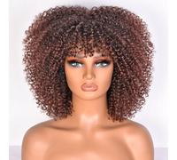 Lizzy Parrucche ricci afro da 10 pollici per donne nere parrucca afro sintetica con Bangs resistente al calore breve Kinky parrucche ricci per cosplay e tutti i giorni (marrone scuro)