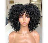 Lizzy Parrucche ricci afro da 10 pollici per donne nere parrucca afro sintetica con Bangs resistente al calore breve Kinky parrucche ricci per cosplay e quotidiano (nero)