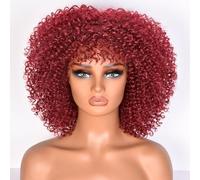 Lizzy Parrucche ricci afro da 10 pollici per donne nere parrucca afro sintetica con Bangs resistente al calore breve Kinky parrucche ricci per cosplay e tutti i giorni (Borgogna)