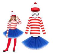 Lizzy Wally Costume da bambina | T-shirt a righe rosse e bianche, cappello rosso e bianco, occhiali e tutù tinta unita, per bambine e ragazze, costume per la Giornata Mondiale del Libro (L10-12 anni)