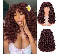 Lizzyhair Parrucca riccia con frangia, per donne di colore, parrucca afro lunga e riccia, grande, rimbalzante, soffice, in fibra sintetica, senza colla, per cosplay e uso quotidiano, 43 cm (bordeaux)
