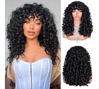 Lizzyhair Parrucca riccia con frangia per donne nere, parrucca afro lunga riccia, capelli sintetici grandi, elastici e soffici senza colla per cosplay e uso quotidiano, 43 cm