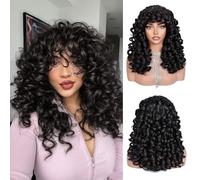 Lizzyhair Parrucca riccia con frangia per donne nere, parrucca afro lunga riccia, capelli sintetici grandi e soffici, senza colla, per cosplay e uso quotidiano 17 pollici (marrone scuro)