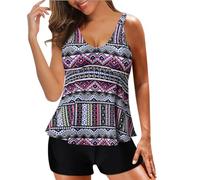 LJFIWY Tankini da donna con pantaloncini, costume da bagno a 2 pezzi, costume da bagno con controllo della pancia, costume da bagno vintage con stampa a rombi e canottiere, costume da bagno da
