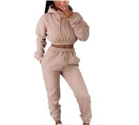 LJFIWY Tuta da donna con cappuccio e pantaloni da jogging, tuta corta per autunno inverno, corsa, camminata, escursionismo, yoga, palestra, set da due pezzi, Beige, S