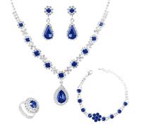 LjFrexia Parure di Gioielli per Donna, Set 4 Pezzi con Goccia d'Acqua Zircone Collana, Braccialetto, Orecchini e Anello, Set di Gioielli da Sposa, per Feste e Matrimonio, Blu