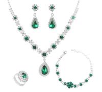 LjFrexia Parure di Gioielli per Donna, Set 4 Pezzi con Goccia d'Acqua Zircone Collana, Braccialetto, Orecchini e Anello, Set di Gioielli da Sposa, per Feste e Matrimonio, Verde
