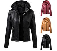 LJHH Giacche di Ecopelle Corto Slim Donna Cappotto in Pelle da Donna Crop con Cappuccio Giacca da donna in Similpelle con cerniera Giubbino Jeans Antivento Giacca Moto Donna Parka A Vento Giacche