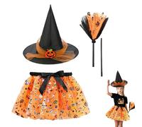 LJTXX Vestito Strega, 3 PCS di Costume da Strega con Tutù Di Halloween con Cappello da Strega e Scopa Set Gonna da Strega per Halloween Carnevale Natale Capo Masquerade Costume Strega Set Cosplay