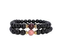 LKBEADS black obsidian with bloodstone & rhodochrosite 8mm Round Smooth beads Long Distance Couple Love Bracelet for Girls/Women/Boys/Men - Combo Bracelet - Couples Relationship Bracelets set of 2