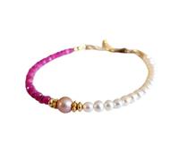 LKBEADS Bracciale con perle d'acqua dolce e zaffiro rosa birmano da 3,5 mm, forma rotonda, taglio liscio, chiusura placcata in oro da 7 pollici, per uomo e donna | LK_STACK_07260
