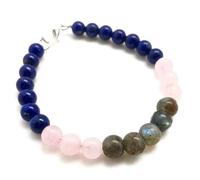 LKBEADS Bracciale con perle rotonde da 8 mm in labradorite, quarzo rosa e lapislazzuli, taglio liscio, chiusura placcata in argento da 7 pollici, per uomo e donna | LK_STACK_08057