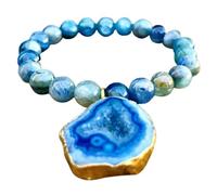 LKBEADS Bracciale elastico con perle lisce di agata blu naturale e cianite da 8 mm, forma rotonda, colore blu, lunghezza 7 pollici, ideale come regalo unisex e portafortuna |L_STBC_00120_7