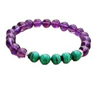 LKBEADS Bracciale elastico con perle lisce di ametista e malachite naturali da 8 mm, forma rotonda, multicolore, lunghezza 7 pollici, ideale come regalo unisex e portafortuna |L_STBC_00486_7