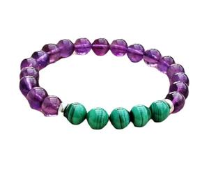 LKBEADS Bracciale elastico con perle lisce di ametista e malachite naturali da 8 mm, forma rotonda, multicolore, lunghezza 7 pollici, ideale come regalo unisex e portafortuna |L_STBC_00486_7