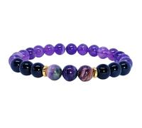 LKBEADS Bracciale elastico con perle lisce di ametista naturale e agata nera da 8 mm, forma rotonda, multicolore, lunghezza 7 pollici, ideale come regalo unisex e portafortuna |L_STBC_00446_6.5