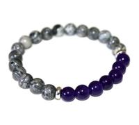 LKBEADS Bracciale elastico con perle lisce di ametista naturale e diaspro grigio da 8 mm, forma rotonda, multicolore, lunghezza 7 pollici, ideale come regalo unisex e portafortuna |L_STBC_00473_6.5