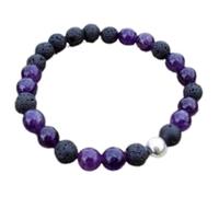 LKBEADS Bracciale elastico con perle lisce di ametista naturale e lava nera da 8 mm, forma rotonda, multicolore, lunghezza 7 pollici, ideale come regalo unisex e portafortuna |L_STBC_00448_6.5