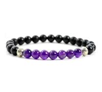 LKBEADS Bracciale elastico con perle lisce di ametista naturale e onice nera da 8 mm, forma rotonda, multicolore, lunghezza 7 pollici, ideale come regalo unisex e portafortuna |L_STBC_00451
