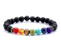 LKBEADS Bracciale elastico con perline lisce da 10 mm in pietra preziosa naturale a 7 chakra e lava nera, forma rotonda, multicolore, lunghezza 7 pollici, e portafortuna |L_STBC_00024_6.5