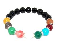 LKBEADS Bracciale elastico con perline lisce da 12 mm e 7 chakra naturali in tormalina nera, forma rotonda, multicolore, lunghezza 7 pollici, ideale come regalo unisex | L_STBC_00051