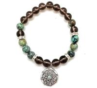 LKBEADS Bracciale elastico con perline lisce da 8 mm di turchese africano naturale e quarzo fumé, forma rotonda, multicolore, lunghezza 7 pollici, ideale come regalo unisex | L_STBC_00211_6.5