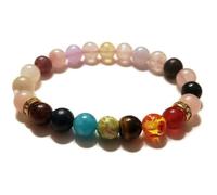LKBEADS Bracciale elastico con perline lisce da 8 mm e 7 chakra naturali in quarzo rosa, forma rotonda, multicolore, lunghezza 7 pollici, ideale come regalo unisex e portafortuna |L_STBC_00095_7.5