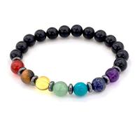 LKBEADS Bracciale elastico con perline lisce da 8 mm in onice nera e 7 chakra naturali, forma rotonda, multicolore, lunghezza 7 pollici, ideale come regalo unisex e portafortuna |L_STBC_00040