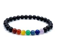 LKBEADS Bracciale elastico con perline lisce da 8 mm in tormalina nera e 7 chakra naturali, forma rotonda, multicolore, lunghezza 7 pollici, ideale come regalo unisex e portafortuna |L_STBC_00056