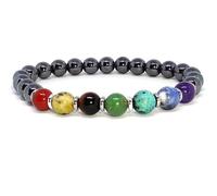 LKBEADS Bracciale elastico con perline lisce da 8 mm in tormalina nera e 7 chakra naturali, forma rotonda, multicolore, lunghezza 7 pollici, ideale come regalo unisex e portafortuna |L_STBC_00057_7