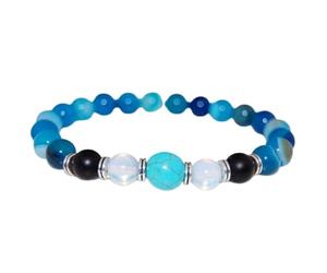LKBEADS Bracciale elastico con perline lisce di agata blu naturale, onice nera, opale e turchese, forma rotonda, multicolore, lunghezza 7 pollici (18 cm) | L_STBC_00415_7.5